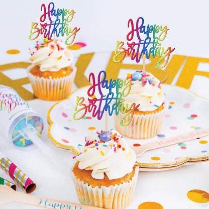24 PCS Happy Birthday Cupcake Toppers Glitter Picks for Celebrating Anniversary Theme Party Cake Decorations Supplies Gold