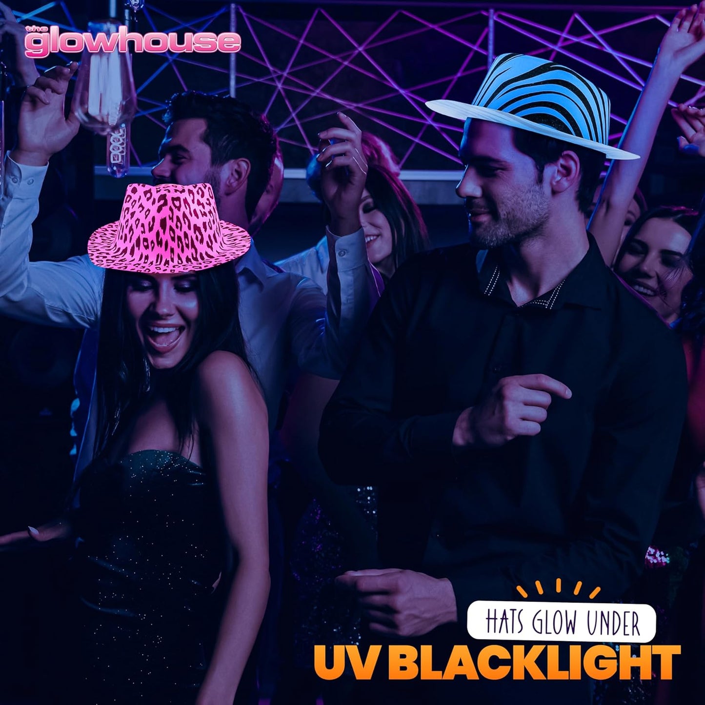 The Glowhouse Premium Neon Gangster Hats Plastic Fun Party Fedora UV Blacklight Glow Pack of 12 (Animal Print)