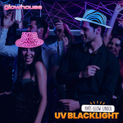 The Glowhouse Premium Neon Gangster Hats Plastic Fun Party Fedora UV Blacklight Glow Pack of 12 (Animal Print)