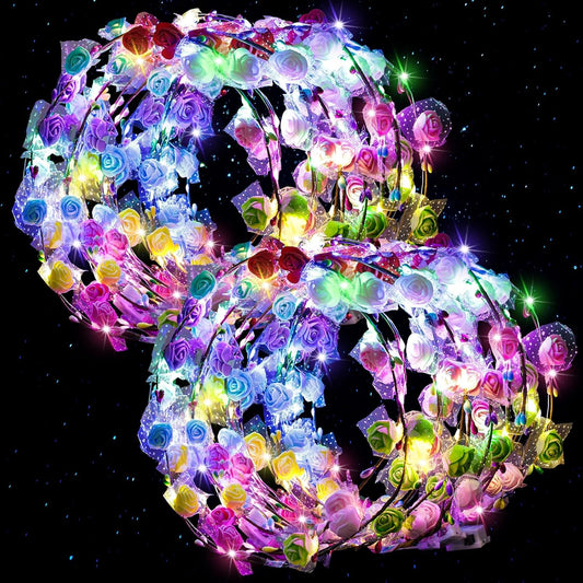 LovesTown 24PCS Flower Crowns Headbands, Light Up Headband Flower Crowns For Women, Glow in the Dark Party Supplies for Raves Birthday Wedding Favors Cosplay