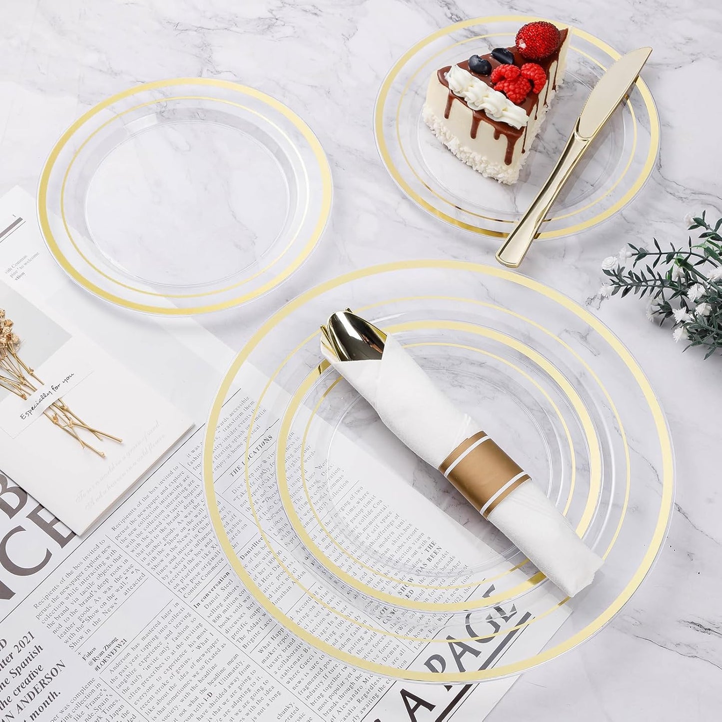BESTVIP 350PCS Gold Plastic Dinnerware Set, Disposable Party Plates for 50 Guests, Include: 100 Plastic Plates, 50 Pre Rolled Napkins with Gold Silverware, 50 Cups