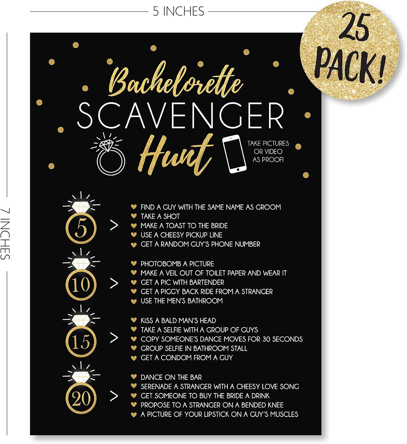 Your Main Event Prints 25 Bachelorette Scavenger Hunt Party Games, Drinking Game and Dares, Fun Novelty Cards for Girls Night Out