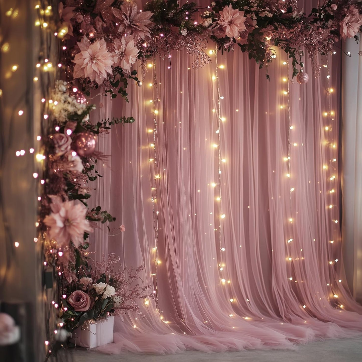 Fomcet Tulle Backdrop Curtains with Lights String White 10FT X 8FT Sheer Curtain with Lights Tulle Curtains Backdrop for Wedding Birthday Party Baby Shower Photo Shoot (2 Panels 5x8FT)