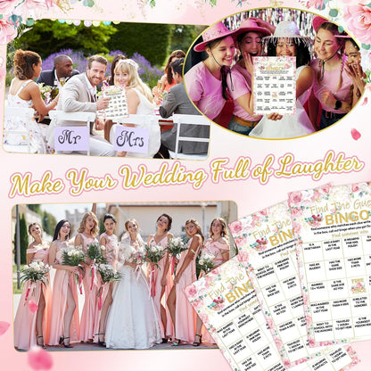 Pasimy 50 Pcs Find the Guest Game Bingo Cards with 20 Pcs Pencils Bridal Shower Wedding Bingo Game Pink Flower Tea Party Activity Favor Supply for Engagement Birthday Baby Shower Bachelorette, 5"x7"