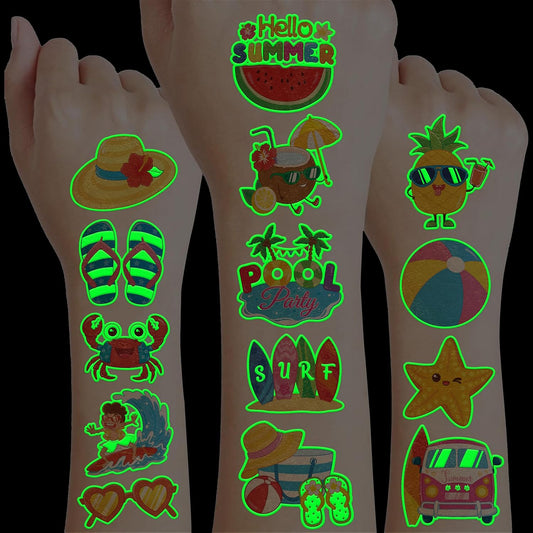 96 PCS Hello Summer Beach Pool Hawaiian Pre-Cut Temporary Tattoos for Kids | Super Cute Themed Birthday Party Favors, Supplies, Decorations, Fake Tattoo Stickers (Multiple)