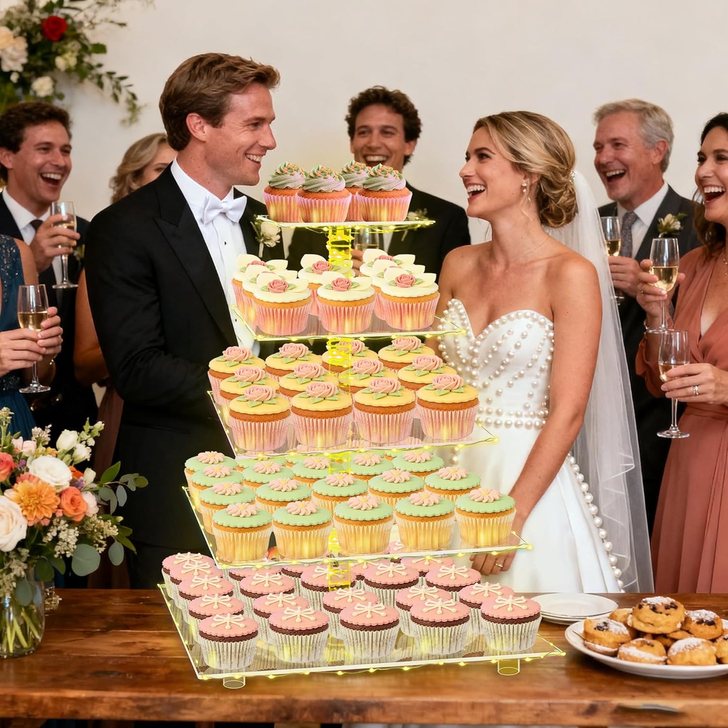 YestBuy Cupcake Stand with Yellow Led Lights, 4 Tier Cupcake Stand for 50 Cupcakes, Acrylic Cupcake Tower Stand, Clear Tiered Cupcake Holder for Birthday Cady Bar Décor Weddings, Parties Events