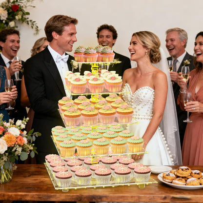 YestBuy Cupcake Stand with Yellow Led Lights, 4 Tier Cupcake Stand for 50 Cupcakes, Acrylic Cupcake Tower Stand, Clear Tiered Cupcake Holder for Birthday Cady Bar Décor Weddings, Parties Events
