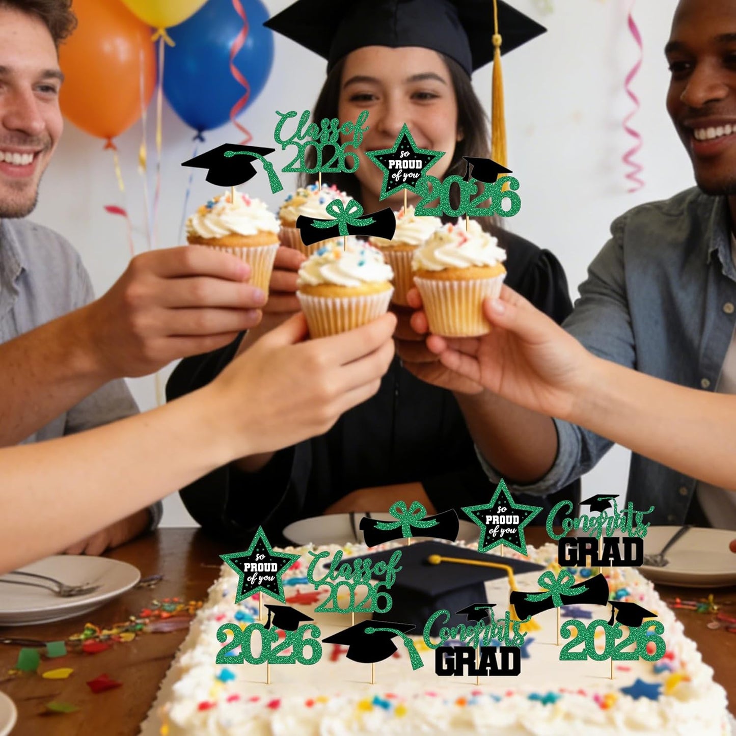 48 PCS Graduation Cupcake Toppers, Glittery 6 Styles Congrats Grad Cake Topper, Black and Red Graduation Decorations 2026, Cap and Diploma Cake Picks for Grad Party Supplies
