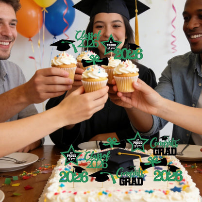 48 PCS Graduation Cupcake Toppers, Glittery 6 Styles Congrats Grad Cake Topper, Black and Red Graduation Decorations 2026, Cap and Diploma Cake Picks for Grad Party Supplies