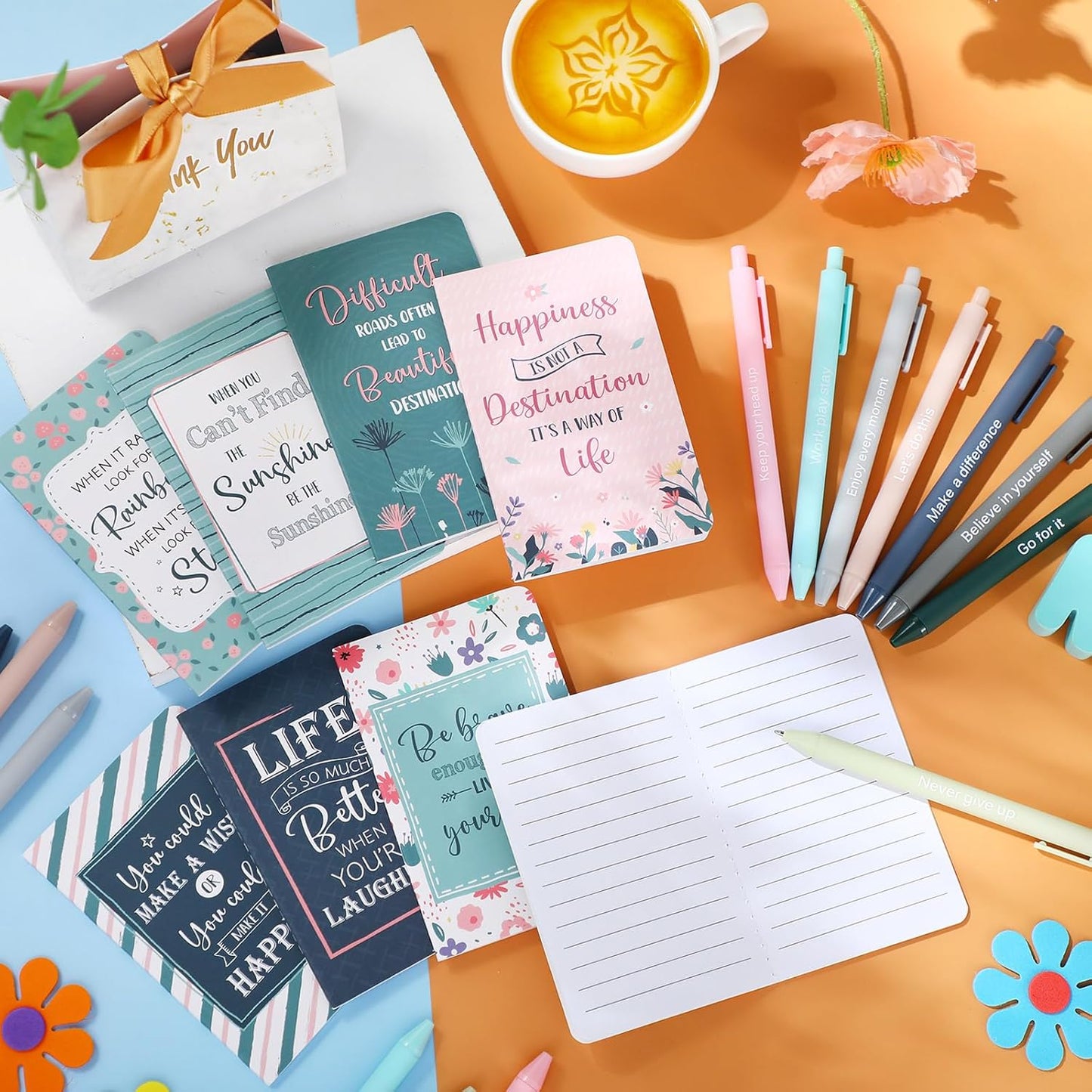 Funrous 32 Pcs Motivational Quote Pens Inspirational Notepads Mini Journal with Ballpoint Pen Small Notebooks Gift for Men Women Coworker Adult Party Favors Prize Teacher Student Office(Stylish)