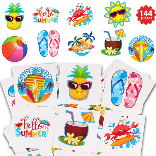 Patelai 144 Pieces Summer Temporary Tattoos Beach Tattoos Hawaiian Luau Party Favors Tropical Waterproof Stickers Hello Summer for Beach Pool Party Decoration Supplies, 9 Styles