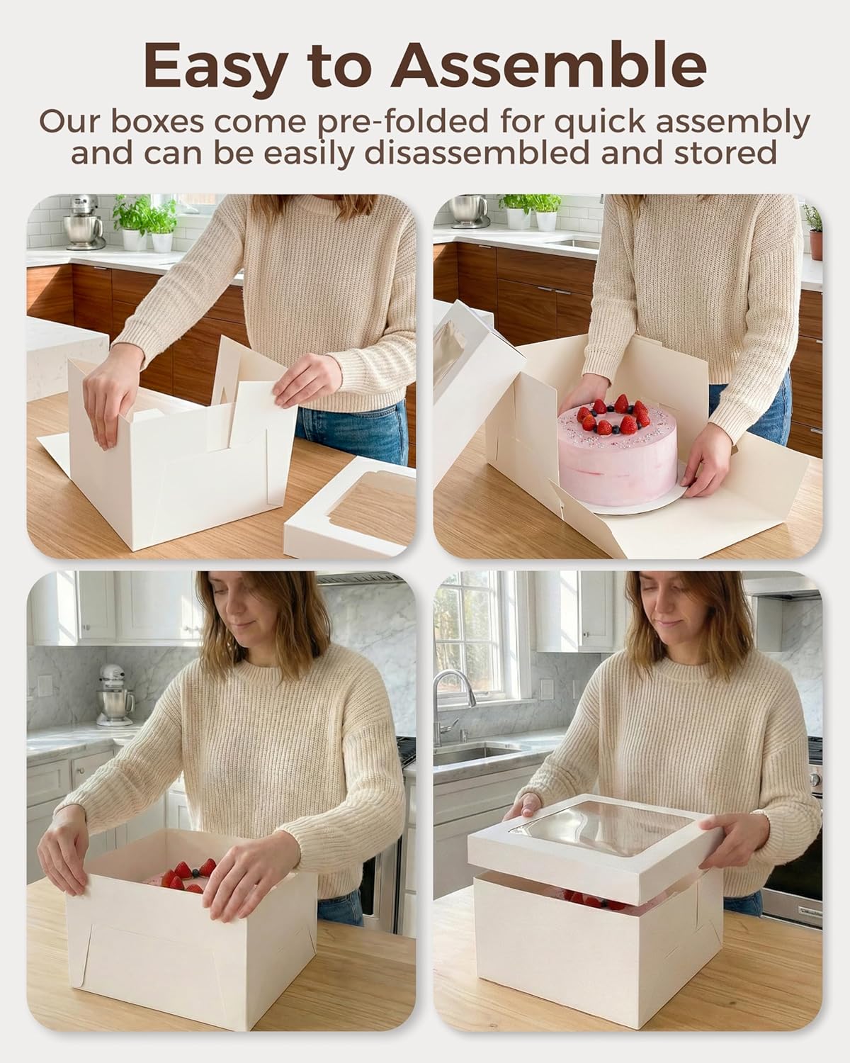 12x12x8 Inch Cake Boxes 20 pcs, Large 12 Inch Cake Box with Window for 8 Inch Tall Tiered Bakery Cakes, Pies, Sturdy Square White Cardboard, Cake Decorating Supplies (80 Pcs Stickers)