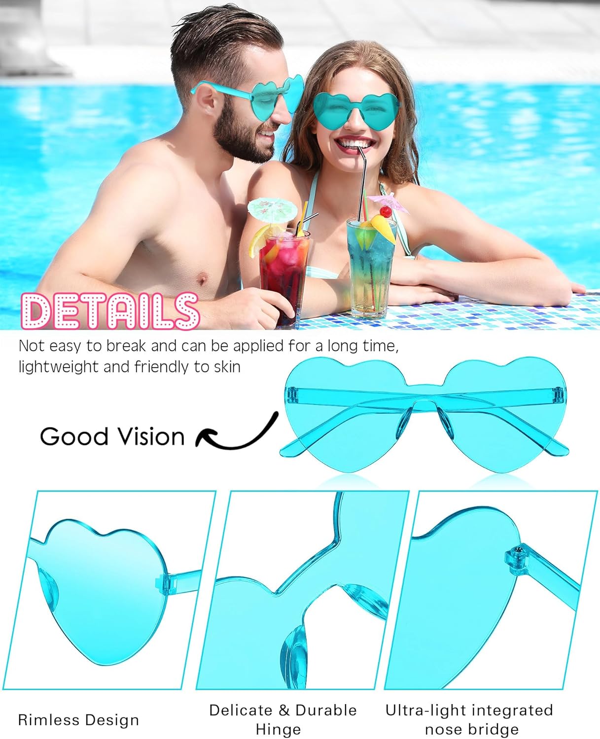 Frienda 8 Pairs Heart Shaped Sunglasses for Women Rimless Heart Glasses Candy Color Sunglasses for Party Favor