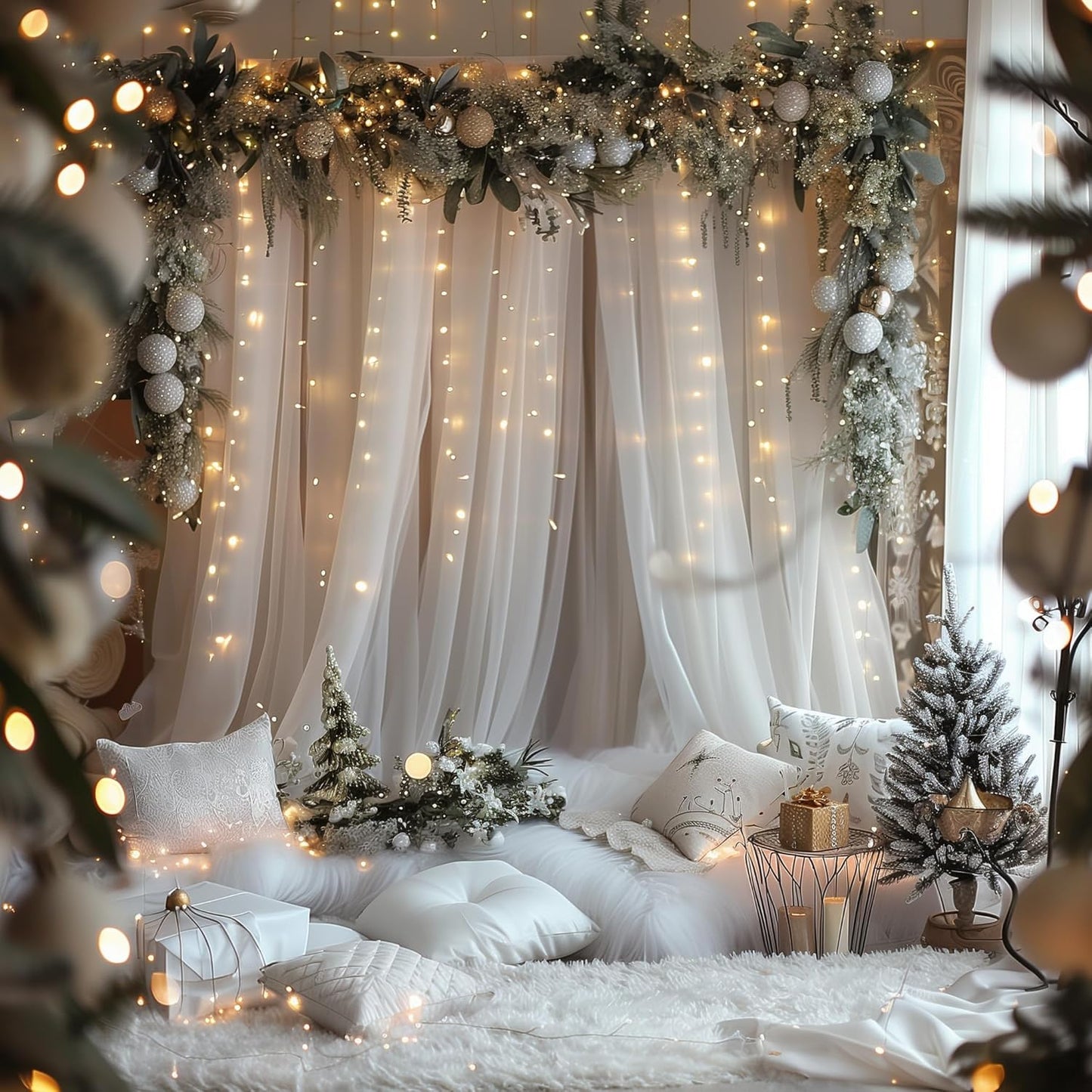 Fomcet Tulle Backdrop Curtains with Lights String White 10FT X 8FT Sheer Curtain with Lights Tulle Curtains Backdrop for Wedding Birthday Party Baby Shower Photo Shoot (2 Panels 5x8FT)