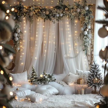 Fomcet Tulle Backdrop Curtains with Lights String White 10FT X 8FT Sheer Curtain with Lights Tulle Curtains Backdrop for Wedding Birthday Party Baby Shower Photo Shoot (2 Panels 5x8FT)
