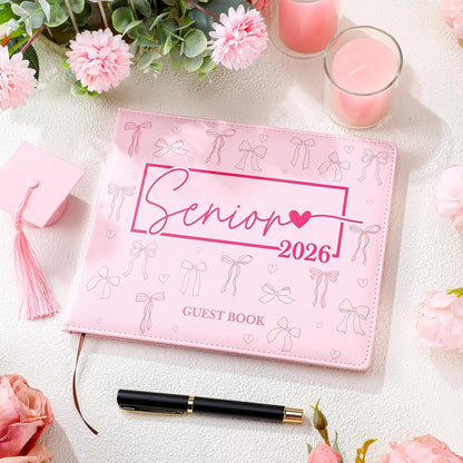 Patelai Pink Bow Graduation Guest Book Class of 2026 Party Decorations Leather Graduation Guest Signature Party Sign Gift with Pen, 112 Pages (Congrats Grad)
