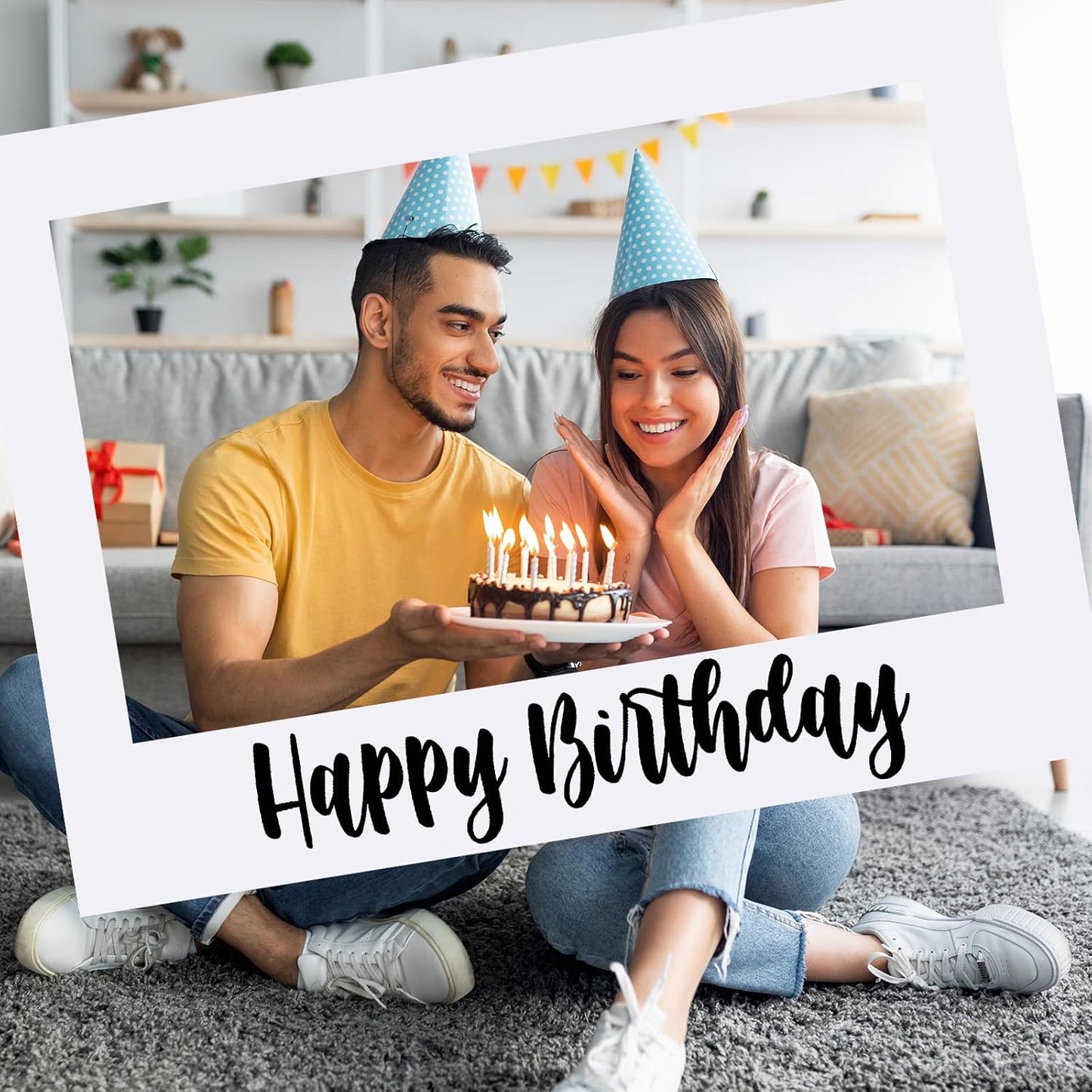 Beeveer 32 x 24 Inch Extra Large Happy Birthday Photo Booth Selfie Frame Props Picture DIY Cutouts Photo Backdrop Cardboard Props for Party Supplies Favors(Vertical,Shiny Gold)
