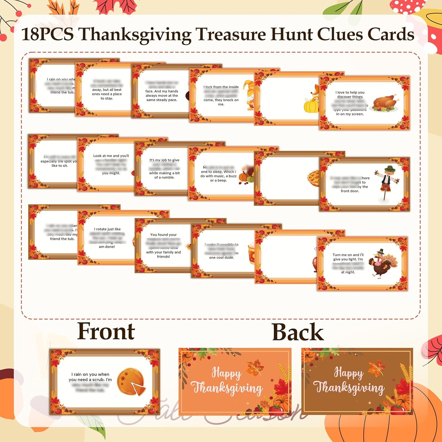 Thanksgiving Scavenger Hunt Clue Cards, Fall Thanksgiving Scavenger Hunt Games for Adults, Autumn Pumpkin Holiday Birthday Party Supplies Activities Outdoor Indoor(18 Cards with Envelopes), 09