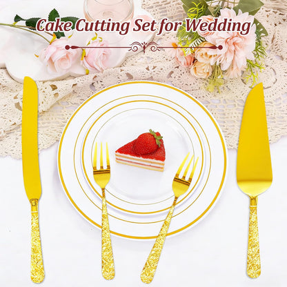 4 PCS Wedding Cake Knife and Server Set, Elegant Gold Cake Cutting Set with Engraved Handles and Forks for Wedding Anniversary, Engagement Party