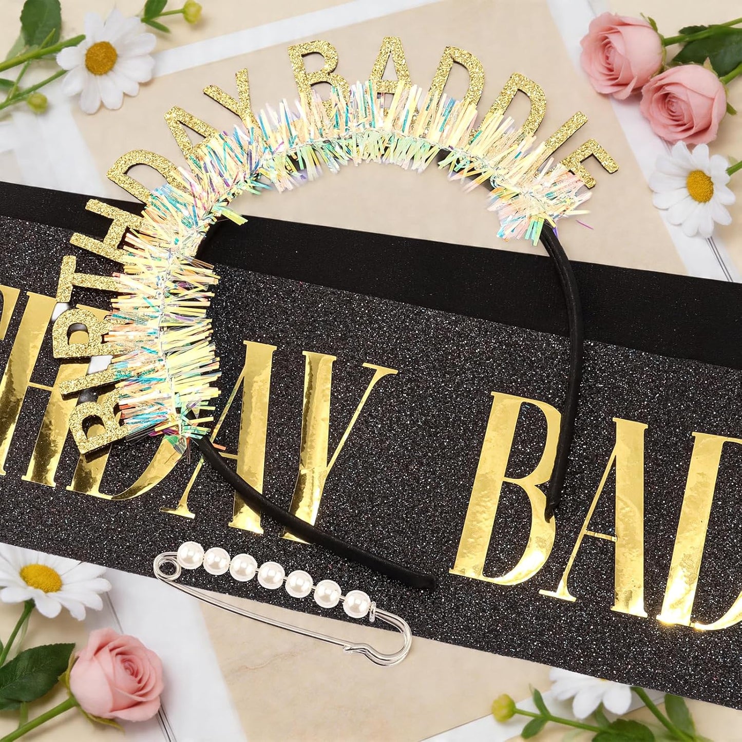 Chanaco Birthday Sash and Headband For Women Birthday Girl Sash Party Decorations Gold and Black Crown Outfit Baddie Accessories Trendy Gifts Dress