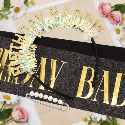 Chanaco Birthday Sash and Headband For Women Birthday Girl Sash Party Decorations Gold and Black Crown Outfit Baddie Accessories Trendy Gifts Dress