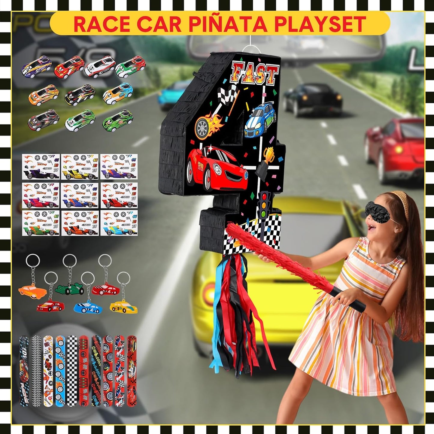 Pasimy Number 3 Piñata Race Car Party Favors Set with Black Red Birthday Piñata Stick Blindfold Slap Bracelet Keychain Sticker Racecar Party Gifts Birthday Decorations Goodie Bag Stuffer Supplies