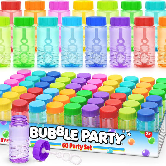 Bulk Neon Bubble Solution Bottles - Lid-Attached Wands, Party Favor Set in Display Box, 60 Pcs | Birthday Decor, Goody Bag Stuffers Supplies, Pinata Fillers, Carnival & Summer Outdoor Toy Gift for Kid