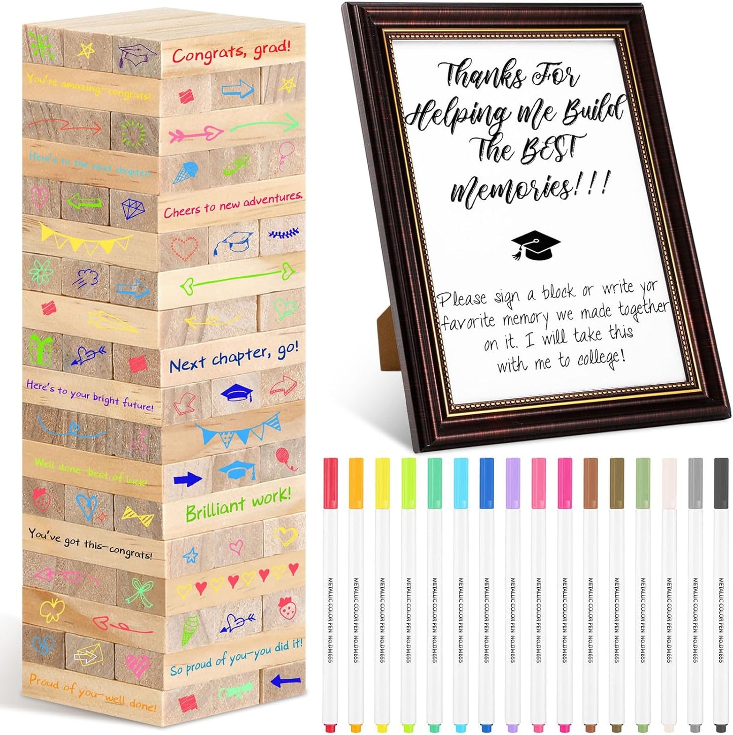 Gerrii 72 Pcs 2026 Graduation Guest Book Alternative for Sign in, 54 Wooden Block 16 Pens and Grad Photo Frame for Congrats Grad Party Supplies College High School (Black Photo Frame)