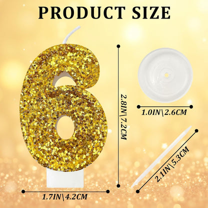 Birthday Number Candles, Glitter Number Candle Cake Decorations with Sequins, Cupcake Decorations for Girls, Women, Party Anniversary Celebrations (Number 6, Purple)