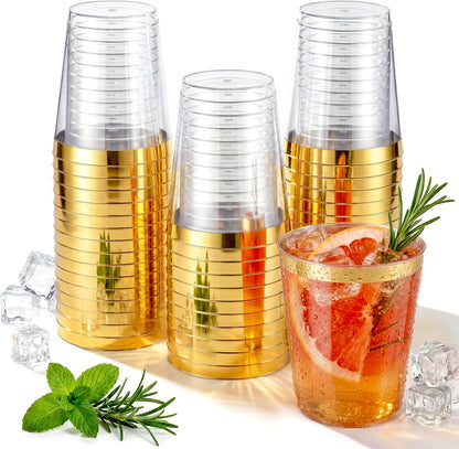 Nervure 120PCS Gold Plastic Cups - 9Oz Gold Rimmed Plastic Cups - Heavy Duty Disposable Clear Cup with Gold Rim Perfect for Weddings, Receptions & Parties
