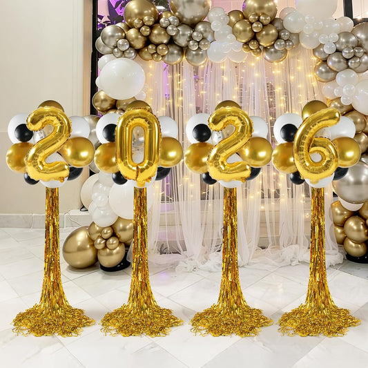 2026 Graduation Balloon Columns Kit – Set of 4 Standing Balloon Stands, Class of 2026 Decorations with Gold Fringe Curtain, Graduation Party Photo Backdrop
