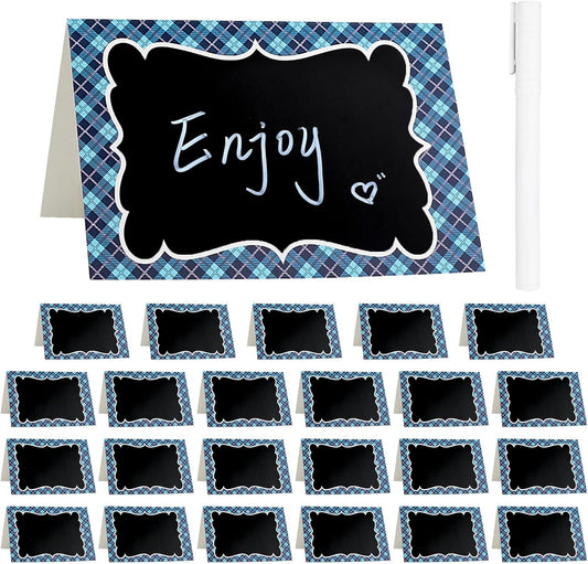 24Pcs Green Plaid Picnic Party Chalkboard Food Tent Cards, Double Sided Reusable 4 x 6 Inch Chalkboard BBQ Party Labels for Picnic, Wedding, Birthday, Baby Shower