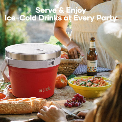BUZIO 7 L Ice Bucket for Parties with Lid and Scoop & Tongs, Vacuum Insulated Stainless Steel Ice Buckets with Handle and Adjustable Shoulder Strap, Large Beverage Bucket for Cocktail Bar, Blue
