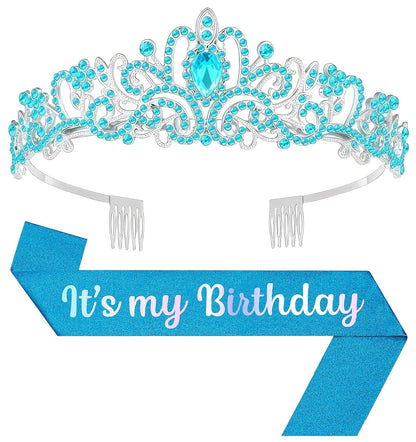 Birthday Tiara and Crown with Sash, Birthday Tiara for Women Party Silver