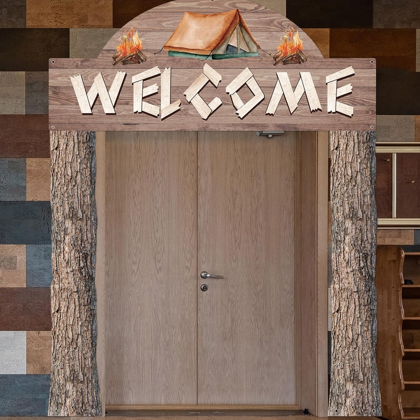 Peryiter 3 Pcs Camping Themed Party Decorations Banner Welcome Porch Sign with 1 Double Sided Tape for Summer Camp Birthday Hawaii Baby Shower Themed Party Activity Decor door (Forest Style)