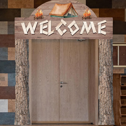Peryiter 3 Pcs Camping Themed Party Decorations Banner Welcome Porch Sign with 1 Double Sided Tape for Summer Camp Birthday Hawaii Baby Shower Themed Party Activity Decor door (Forest Style)