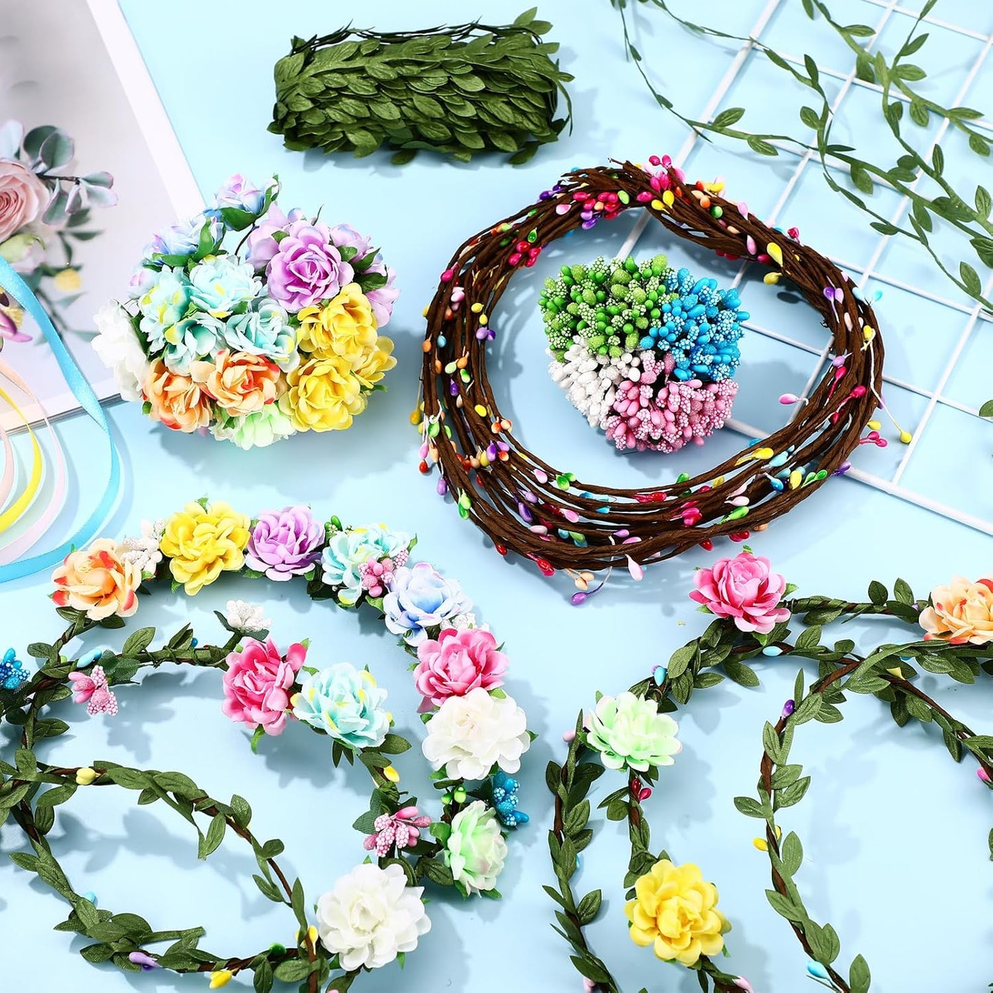 Zeyune 20 Sets Spring Tea Party Favor Flower Crowns Making Kit, Make Your Own Flower Crown Wreath Garland Headbands Craft Kit Handmade DIY Fairy Floral Hair Accessories Gift for Women(Daisy)