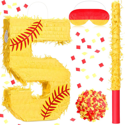 Soulchen Softball Number Piñata Set 16 Inch Yellow Softball Piñata with Blindfold Bat Confetti for Ball Sports Themed Birthday School Party Supplies Outdoor Game Decoration(Number 5)