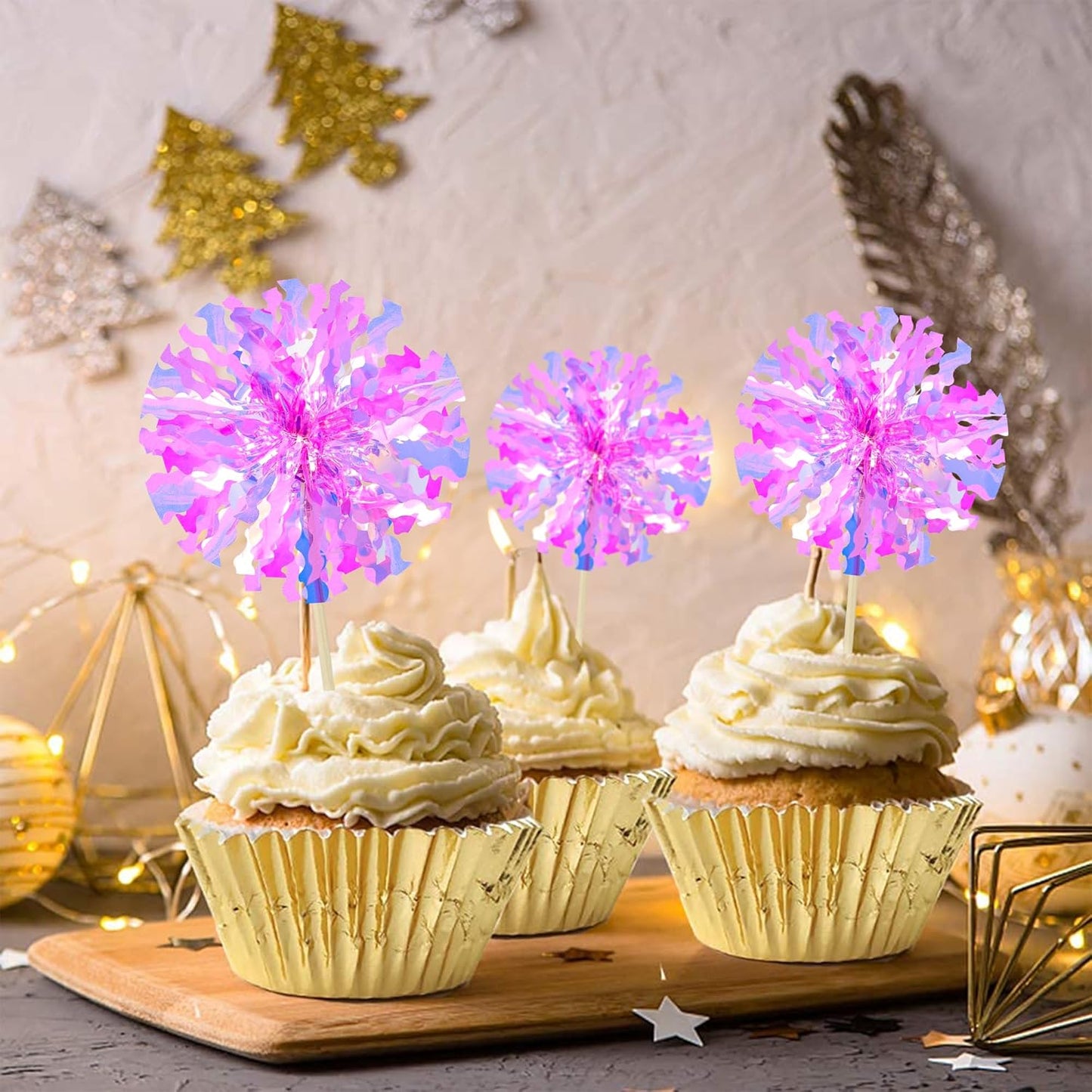 Ephlyn 30Pcs Foil Firework Cupcake Toppers Sparkle Tinsel Cupcake Picks Drink Stirrers Cocktail Food Fruit Toothpicks for Baby Shower Graduation Party Supplies White
