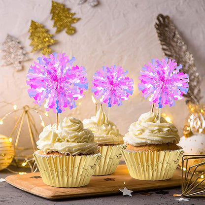 Ephlyn 30Pcs Foil Firework Cupcake Toppers Sparkle Tinsel Cupcake Picks Drink Stirrers Cocktail Food Fruit Toothpicks for Baby Shower Graduation Party Supplies White