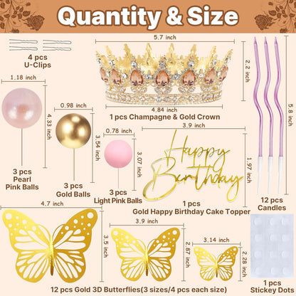 Crown Cake Topper, Balls Happy Birthday Cake Topper Pink Crown Birthday Candles Gold Butterflies, Corona Para Pastel, Cake Decorations for Birthday Wedding (Gold, Pink)