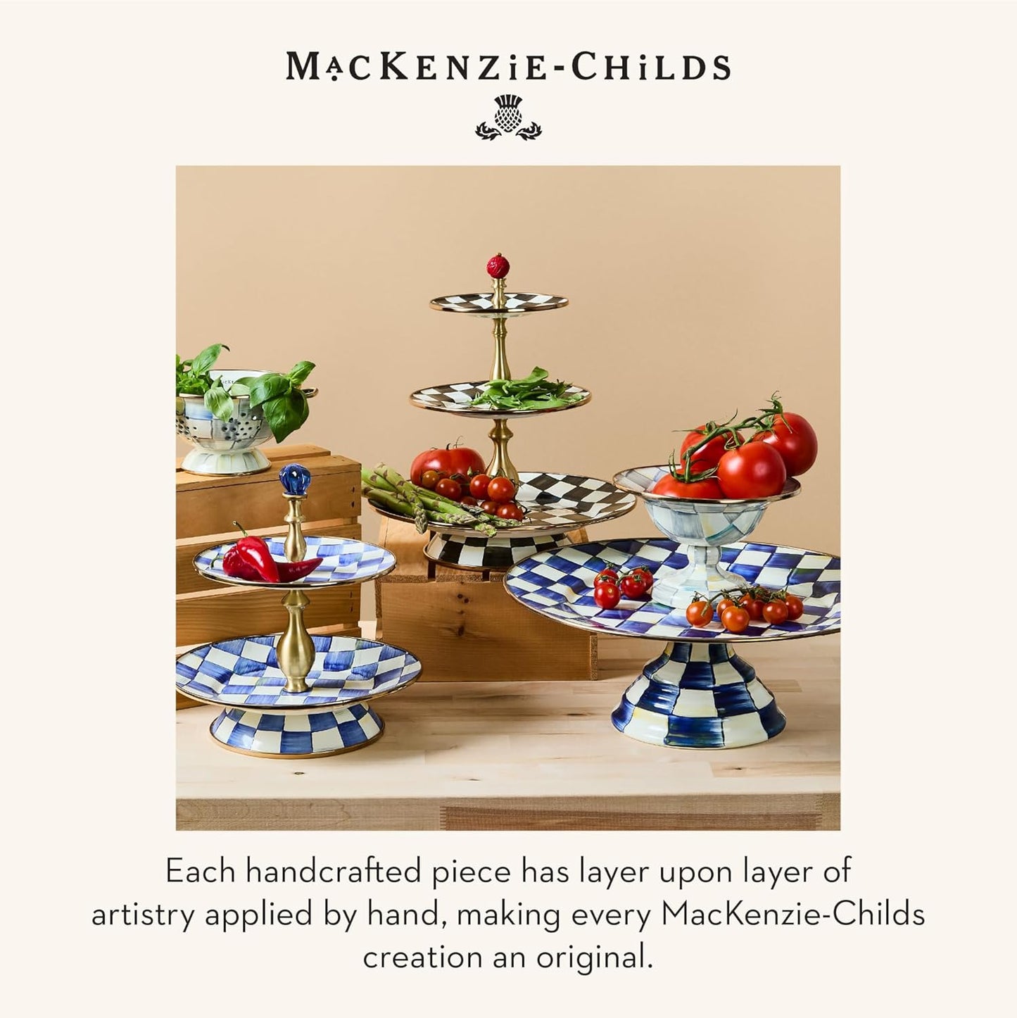 MACKENZIE-CHILDS Enamel Pedestal Platter, Round Cake Stand, Large, Black-and-White Courtly Check