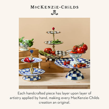 MACKENZIE-CHILDS Enamel Pedestal Platter, Round Cake Stand, Large, Black-and-White Courtly Check