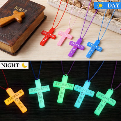 Tondiamo 30 Set Glow in The Dark Cross Necklace Bulk Jesus Light up Cross Necklace Silicone VBS Religious Christian Gift Bulk Birthday Party Favors for Church Item
