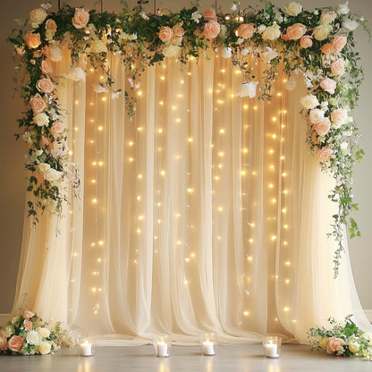 Fomcet Tulle Backdrop Curtains with Lights String White 10FT X 8FT Sheer Curtain with Lights Tulle Curtains Backdrop for Wedding Birthday Party Baby Shower Photo Shoot (2 Panels 5x8FT)