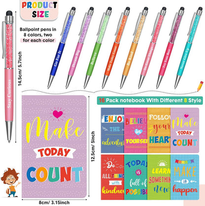 Funrous 32 Pcs Motivational Quote Pens Inspirational Notepads Mini Journal with Ballpoint Pen Small Notebooks Gift for Men Women Coworker Adult Party Favors Prize Teacher Student Office(Stylish)