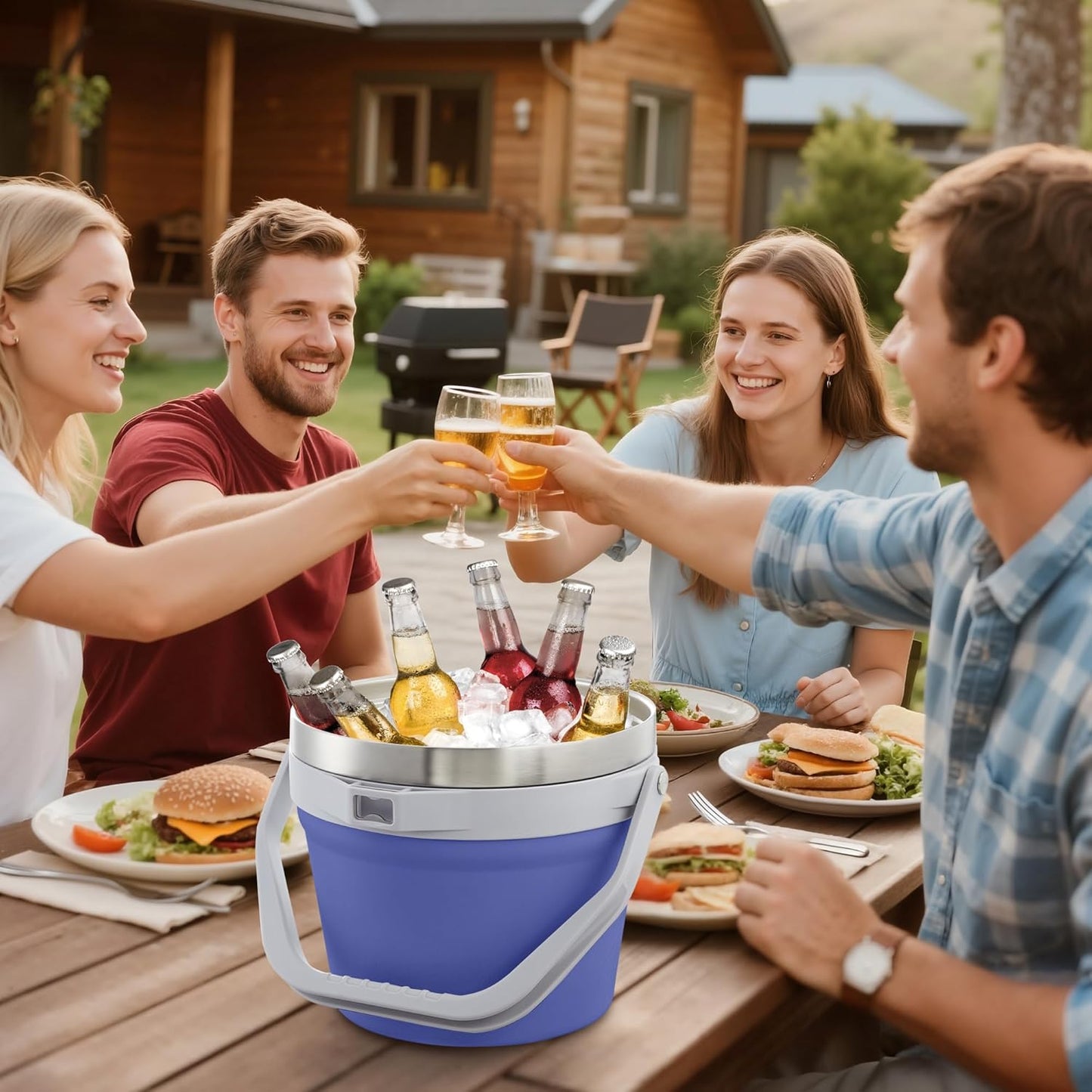 COKTIK 7L Vacuum Insulated Ice Bucket with Lid and Scoop& Tongs，Large capacity Stainless Steel Beverage Bucket for Cocktail, Champagne, Wine, Beer，Large Parties（Milk White Suit）