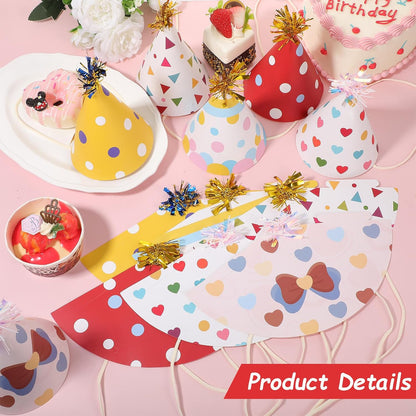 12 PCS Party Hats, Birthday Paper Cone Hat with Glitter Pompoms, Paper Party Headwear for Adults Kids Celebration