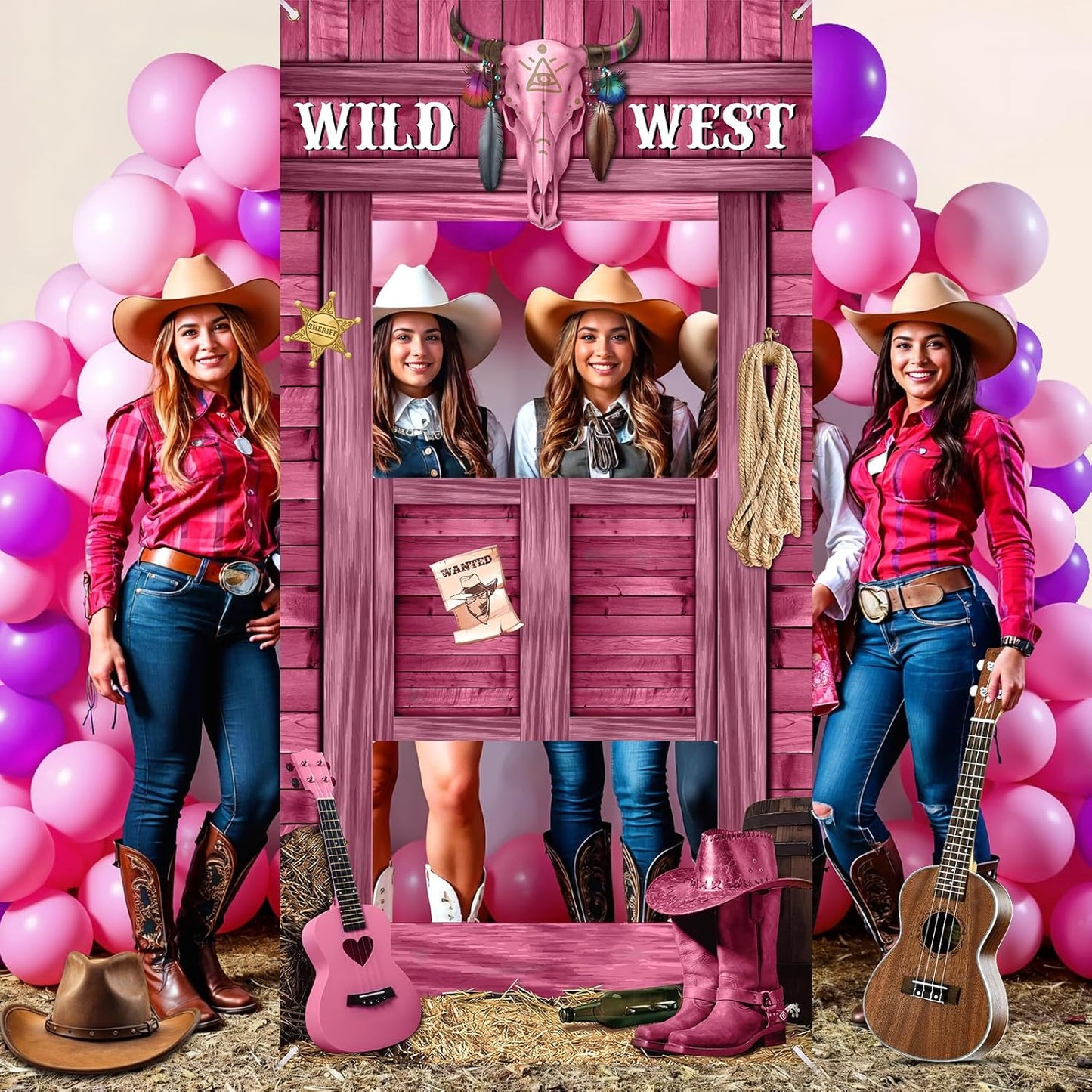 Large Cowgirl Party Decorations Wild West Pink Photo Banner Fun Frame Banner West Wanted Photo Booth Prop Wild Western Selfie Banner for Wild West Western Theme Birthday Party Game Decoration Supplies