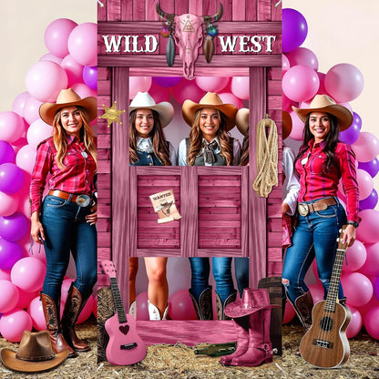 Large Cowgirl Party Decorations Wild West Pink Photo Banner Fun Frame Banner West Wanted Photo Booth Prop Wild Western Selfie Banner for Wild West Western Theme Birthday Party Game Decoration Supplies